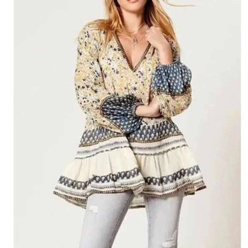 Free People Gardenia Boho Chic Womens Floral V-Neck Long Sleeve Tunic  Blouse Si